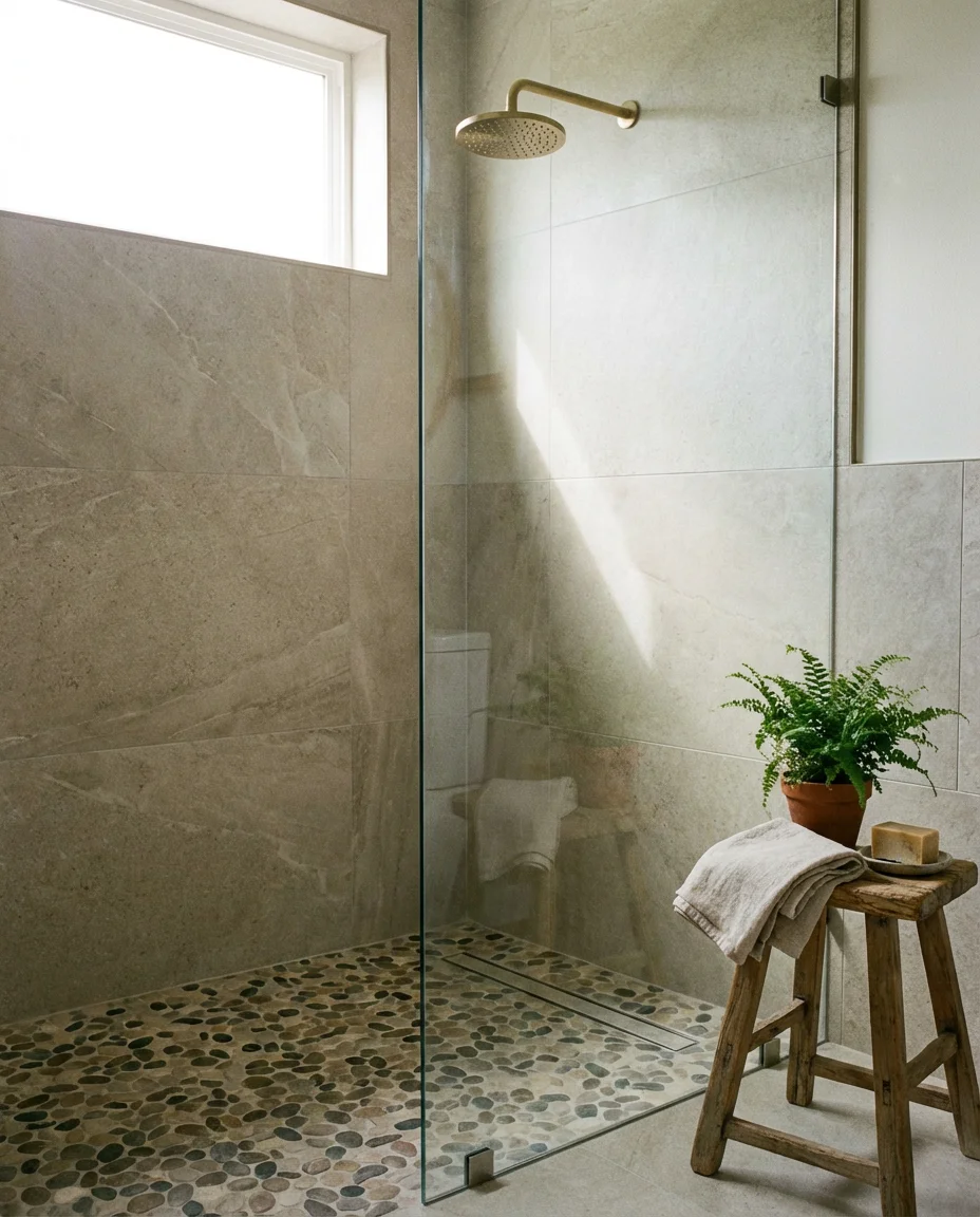 Open Shower With Frameless Glass and Pebble Floor 1