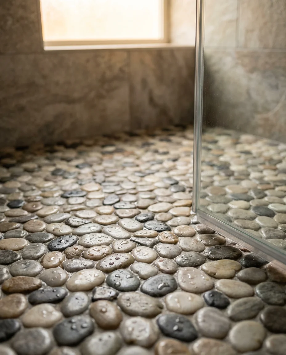Open Shower With Frameless Glass and Pebble Floor 2