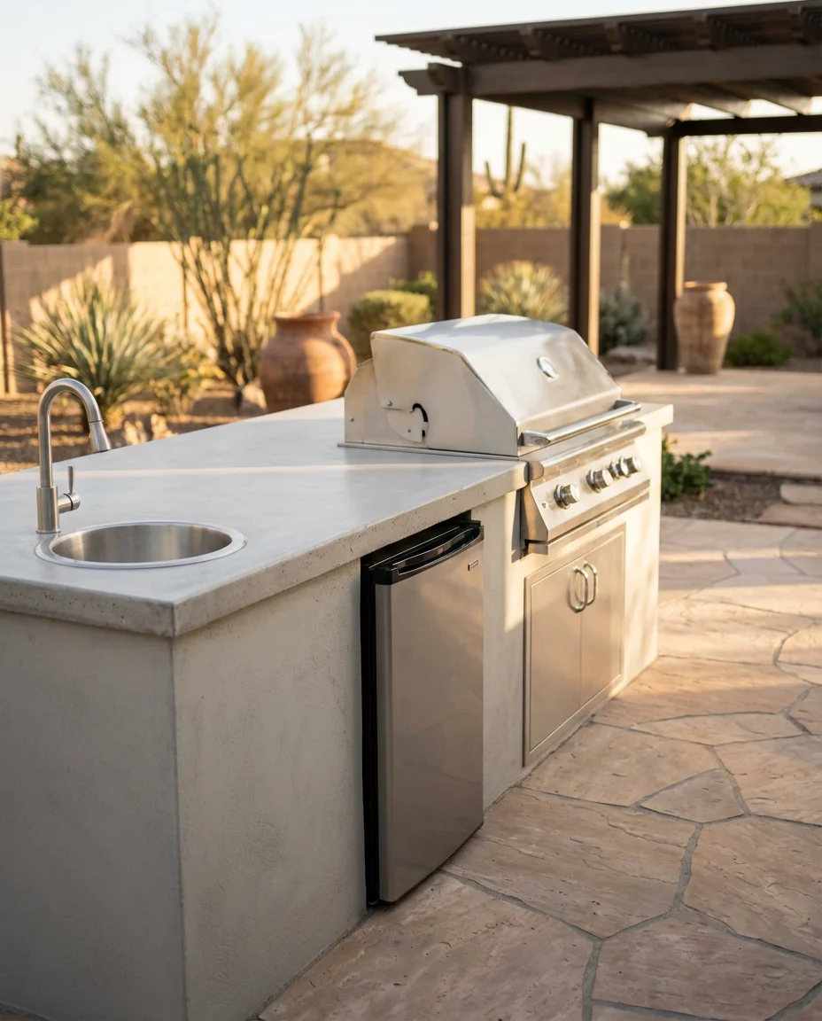 Patio Kitchen With Concrete Countertop and Grill 1