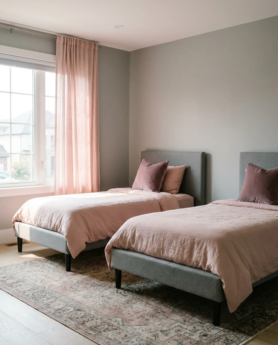 Pink and Grey Twin Bedroom for Girls Growing Up 1