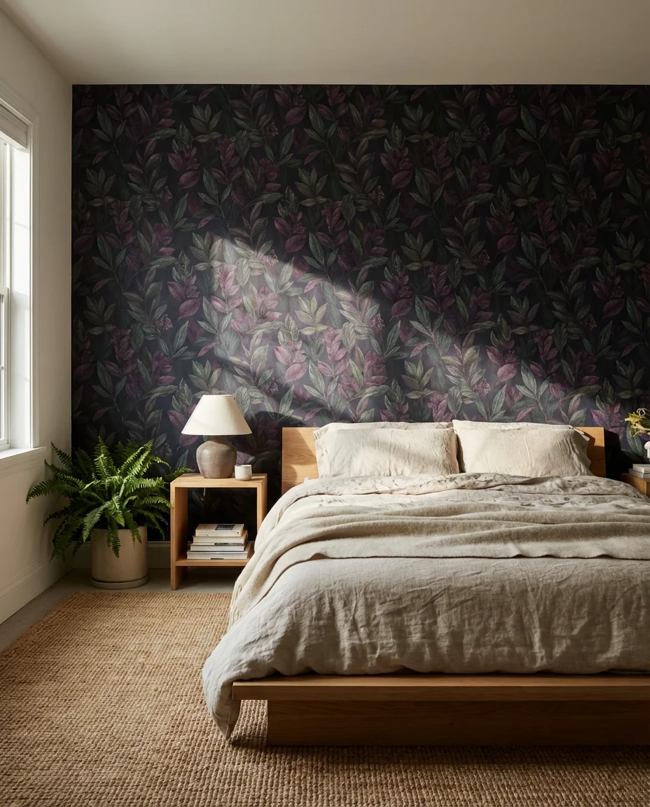 Purple Bedroom Design with Wallpaper Feature Wall 1