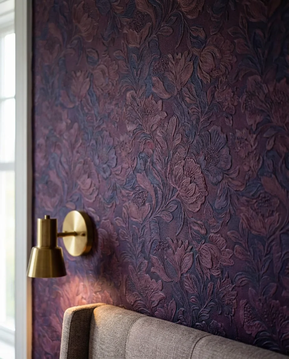 Purple Bedroom Design with Wallpaper Feature Wall 2