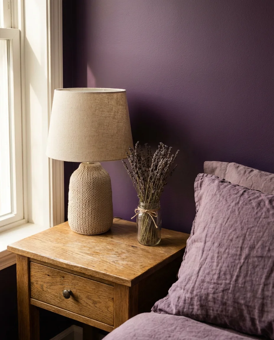 Purple Bedroom with Natural Wood and Organic Textures 2