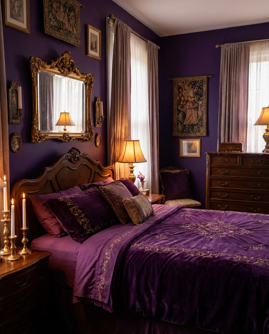 Purple and Gold Maximalist Bedroom Decor 1