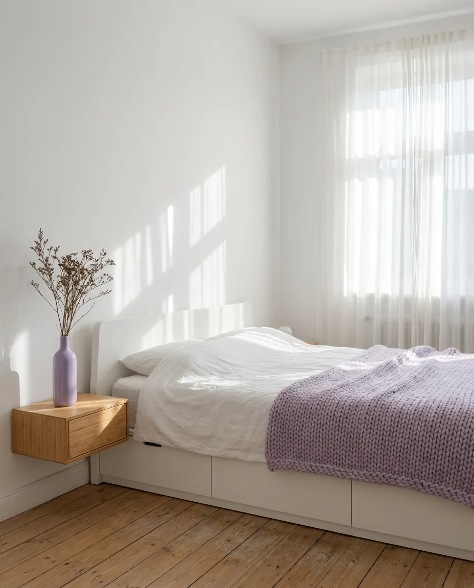 Purple and White Scandinavian Bedroom 1