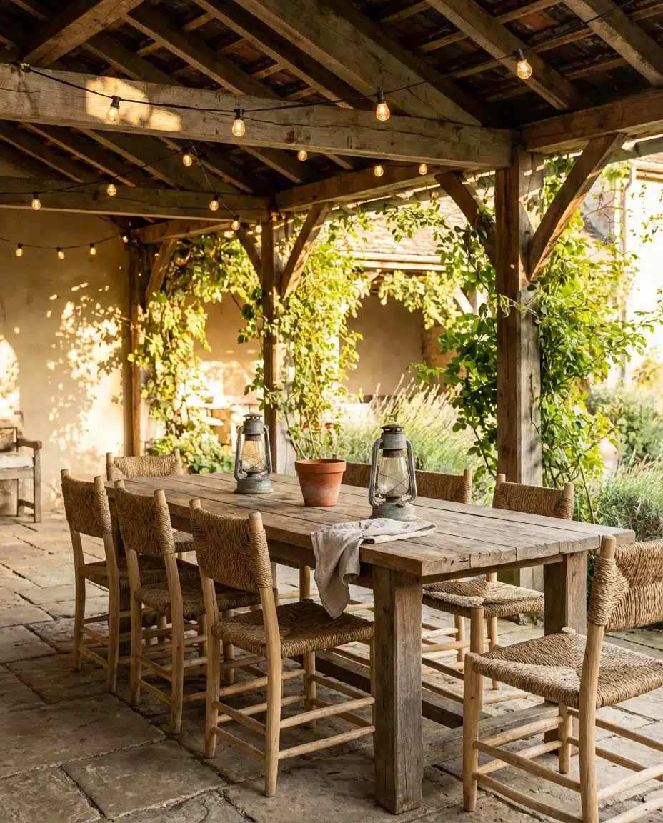 Rustic Covered Patio With String Lights 1
