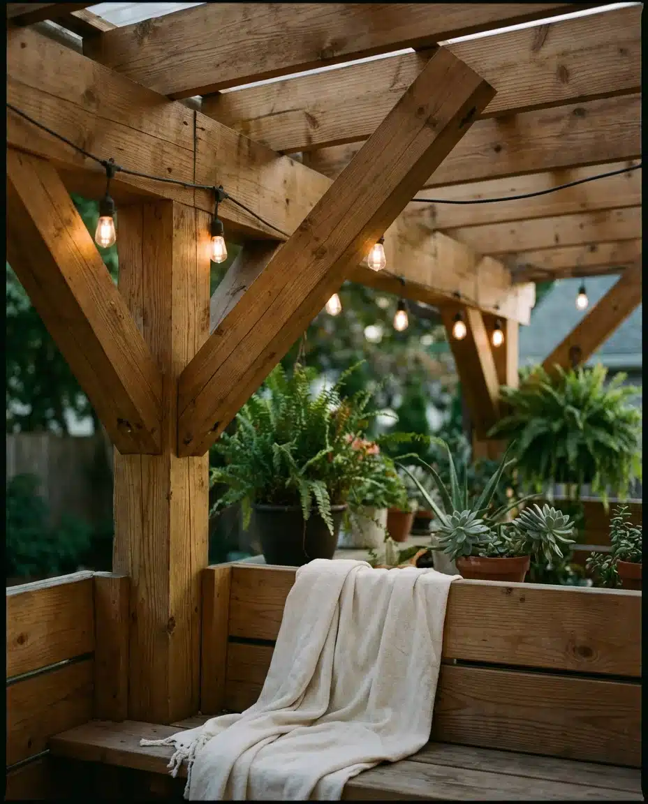 Rustic Covered Patio With String Lights 2