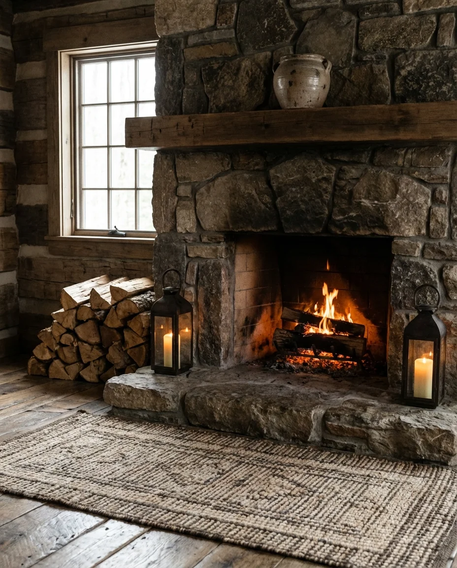 Rustic Fireplace with Wood Stack and Lanterns 1