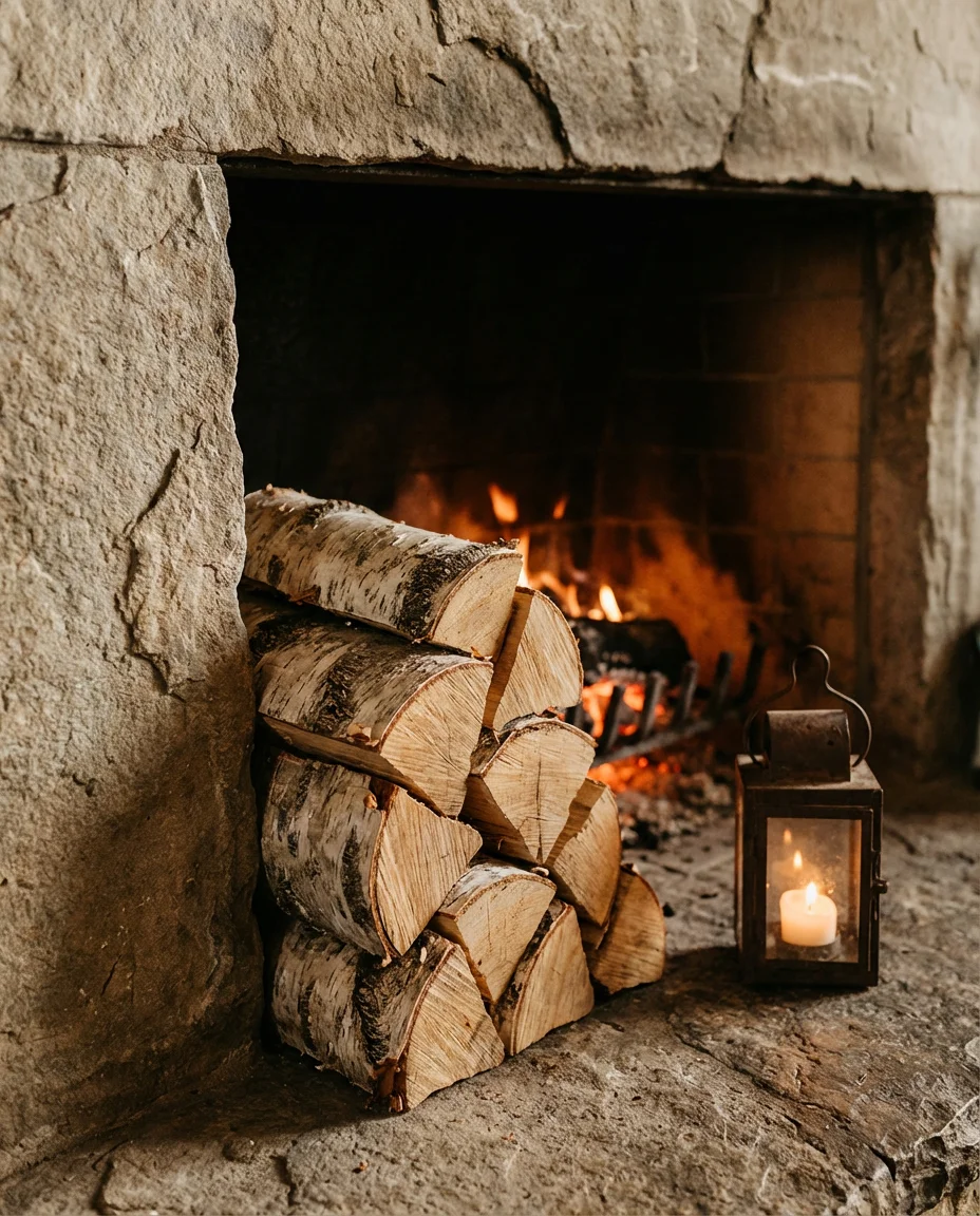 Rustic Fireplace with Wood Stack and Lanterns 2