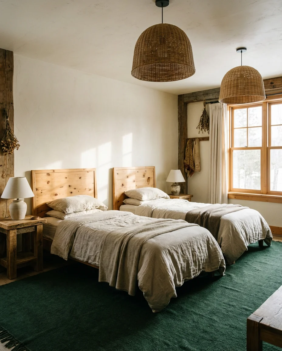 Rustic Twin Bedroom With Natural Wood and Linen 1