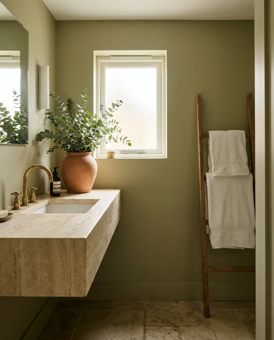 Sage Green Walls with Natural Stone Details 1