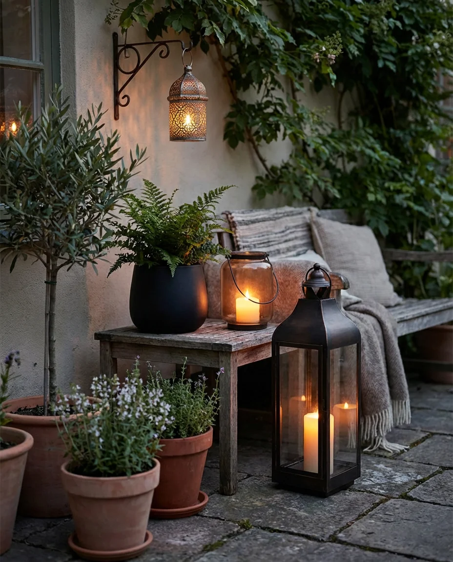 Simple Patio Decorating With Plants and Lanterns 1
