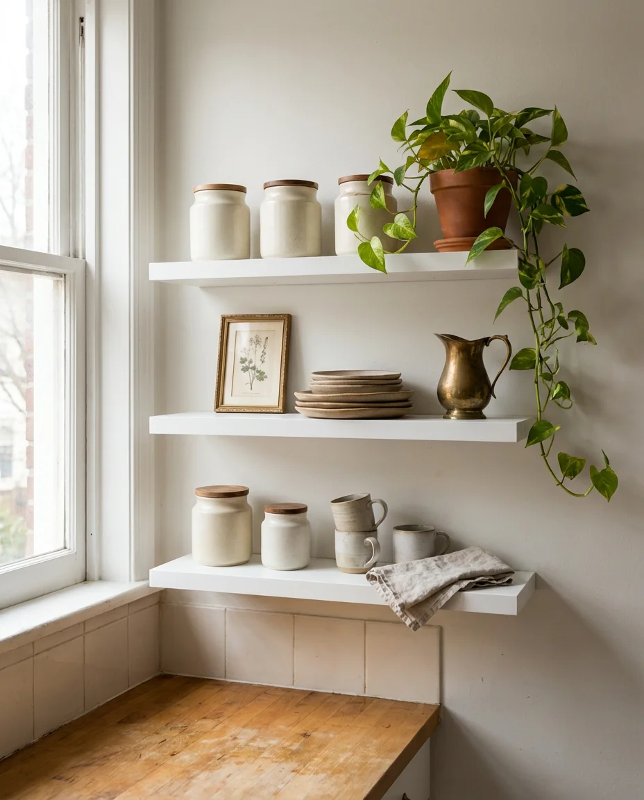 Small Apartment Kitchen With Open Shelving Gallery Wall 1