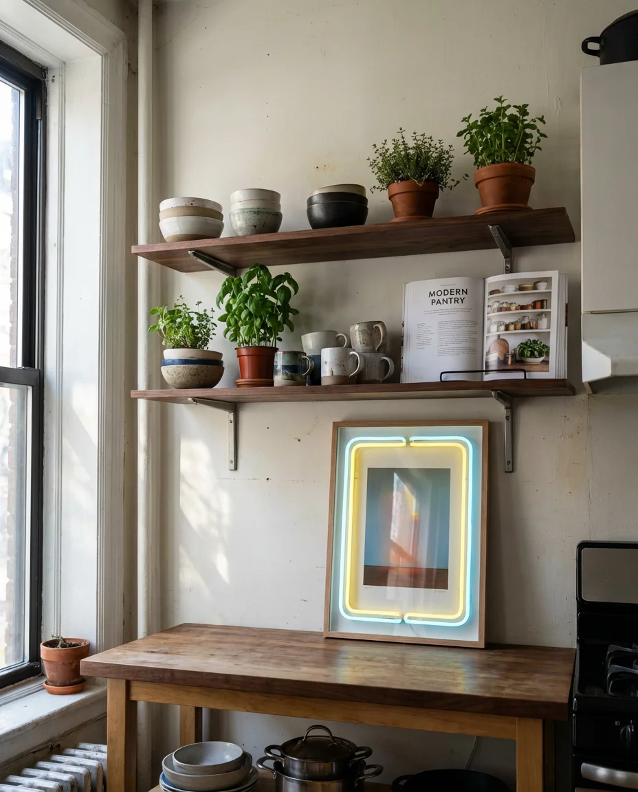 Small Apartment Kitchen With Open Shelving Gallery Wall 2