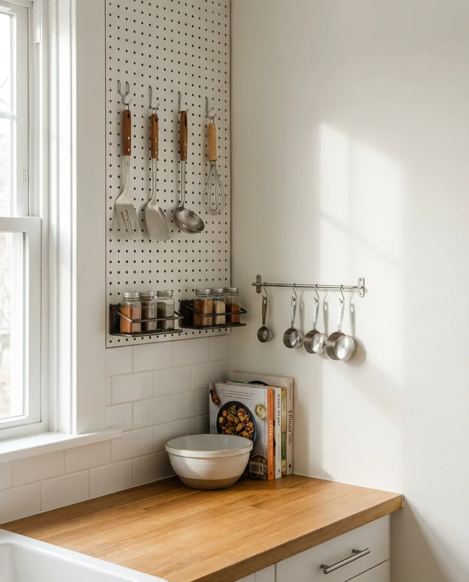 Small Kitchen Storage With Pegboard Walls 1