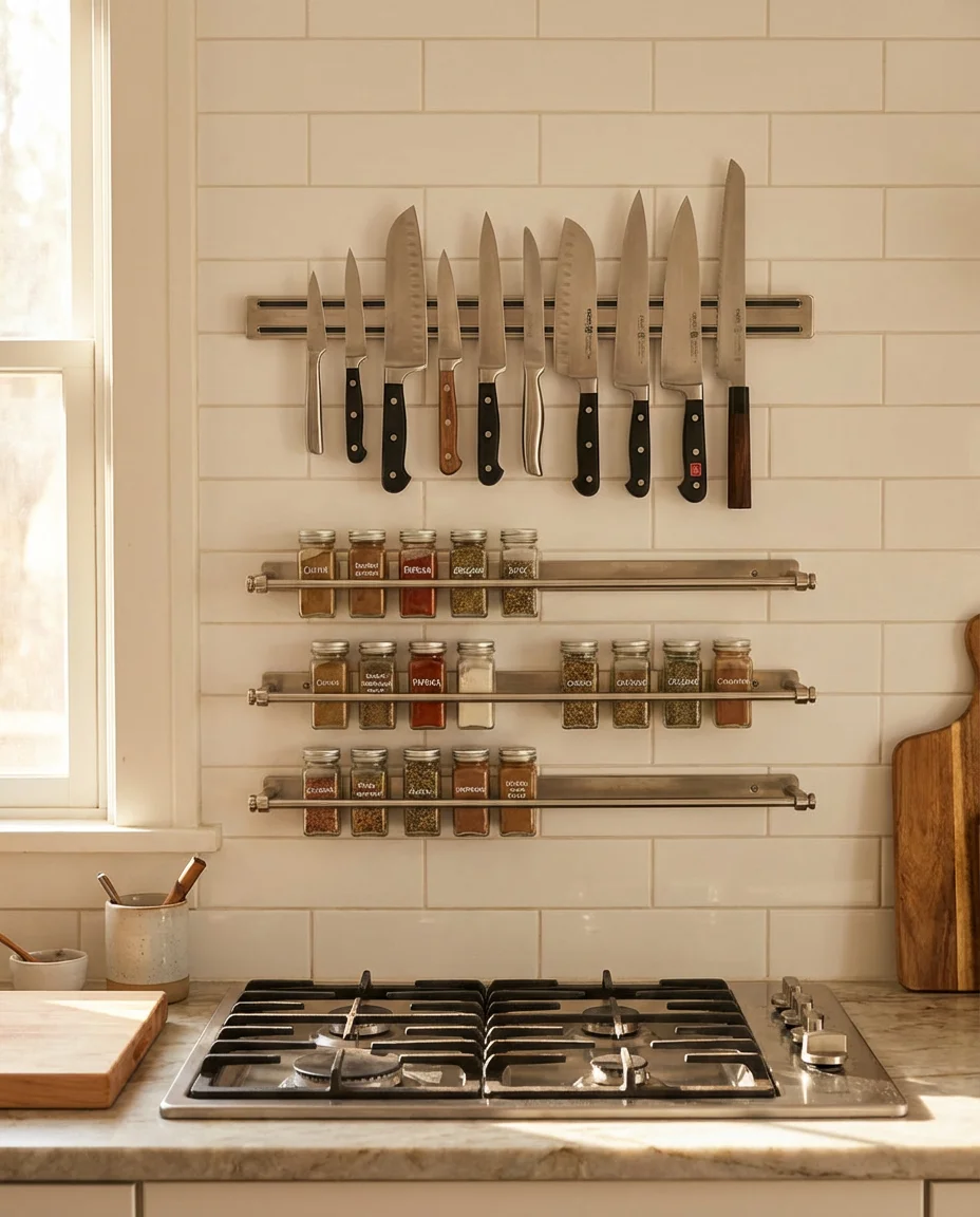 Space-Saving Magnetic Knife and Spice Strips 1