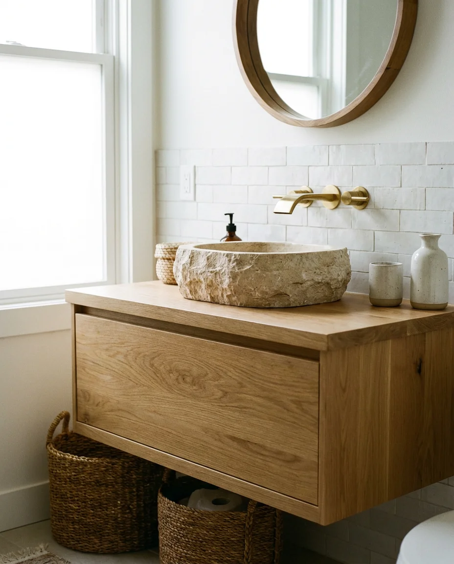 Stone Vessel Sink on a Floating Wood Vanity 1