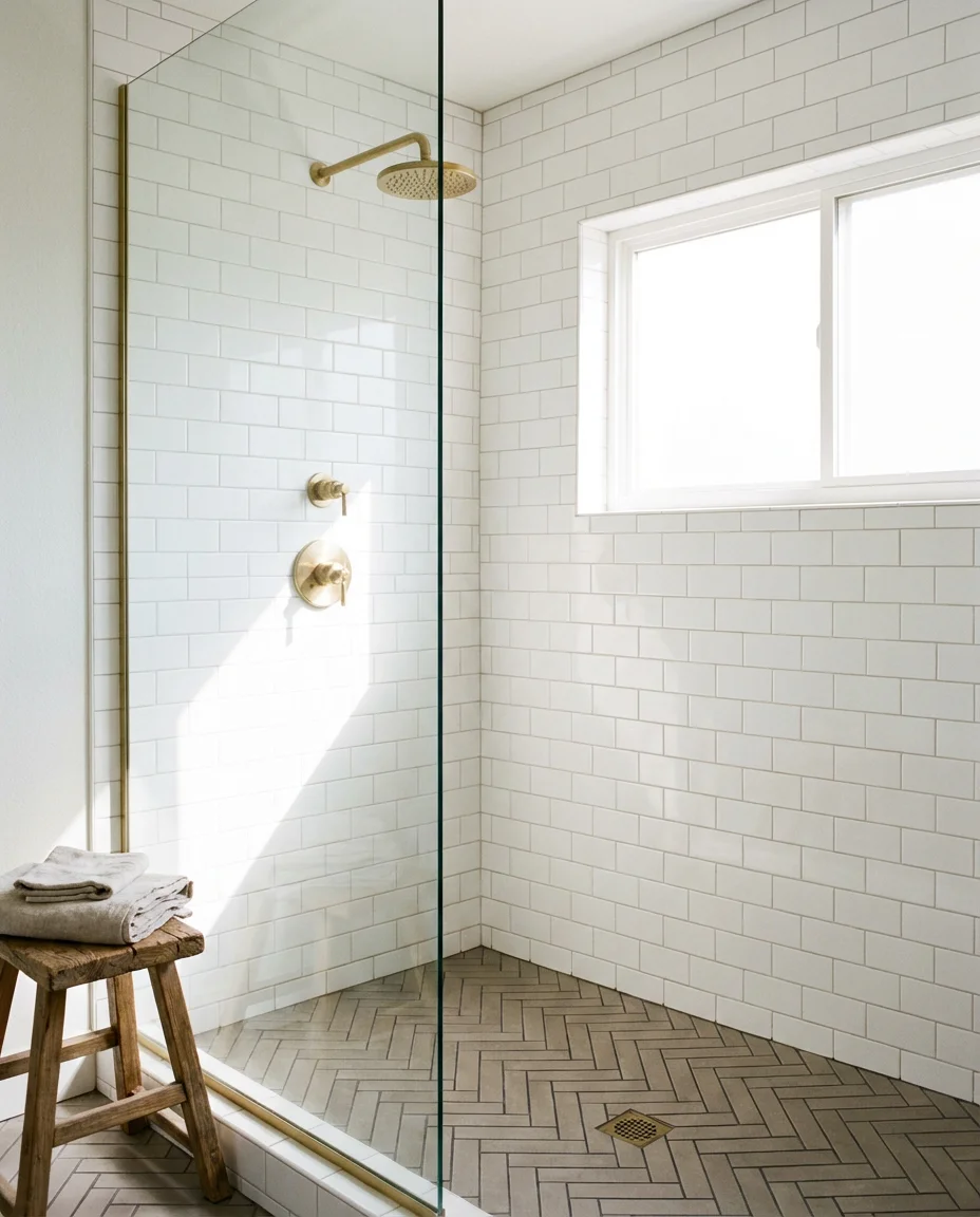 Subway Tile Shower With a Herringbone Floor Insert 1