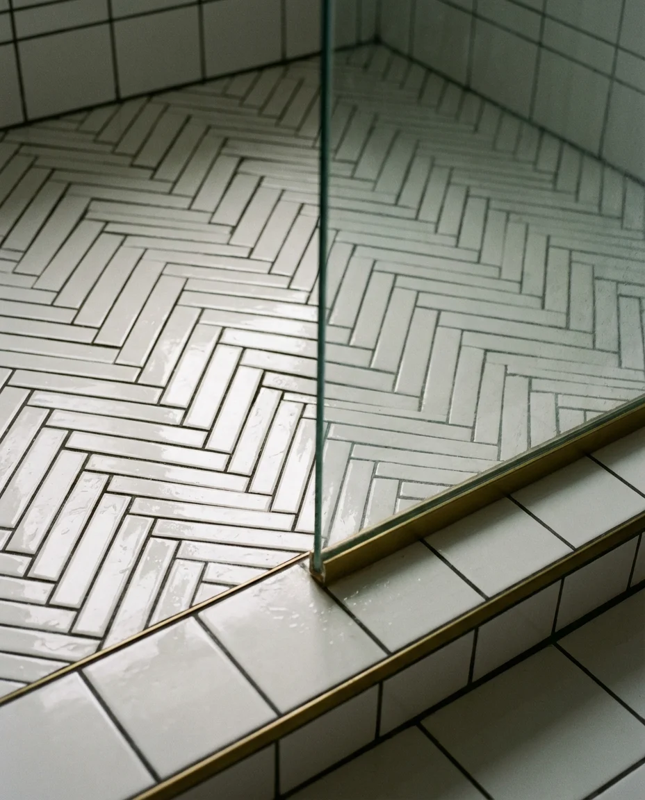 Subway Tile Shower With a Herringbone Floor Insert 2