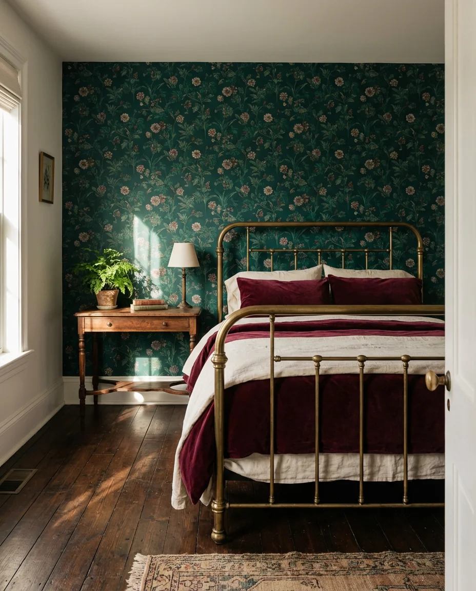Victorian Small Bedroom with Rich Wallpaper and Antique Details 1