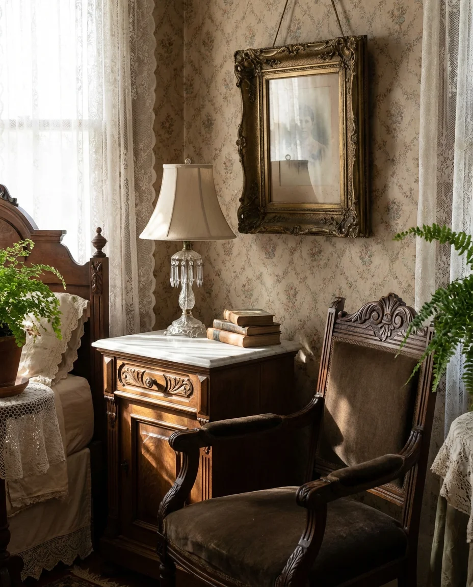 Victorian Small Bedroom with Rich Wallpaper and Antique Details 2