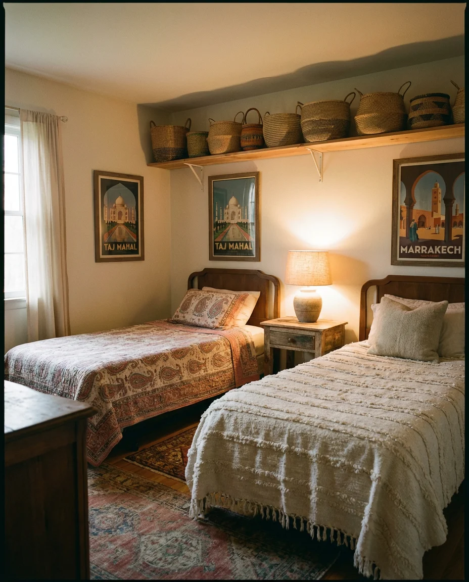 Vintage-Inspired Twin Bedroom With Global Accents 1