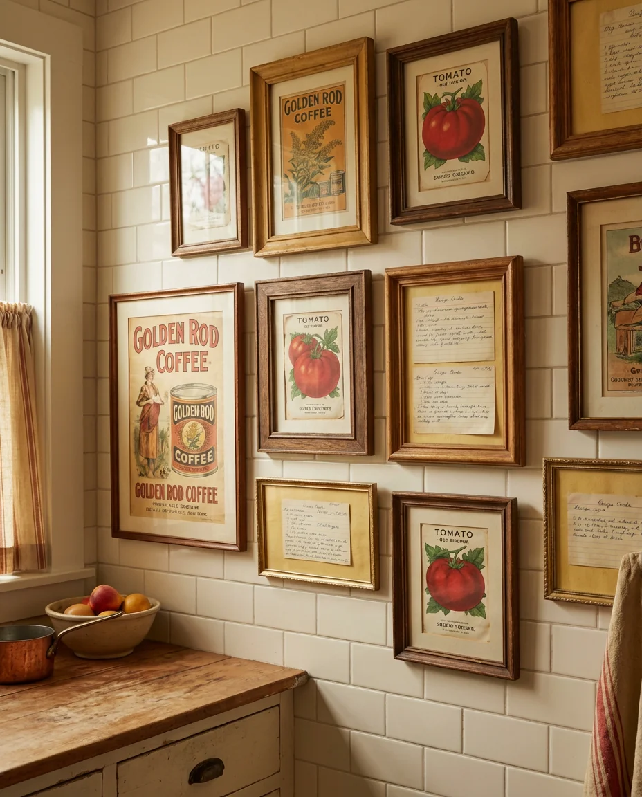 Vintage Kitchen Wall with Retro Prints and Frames 1