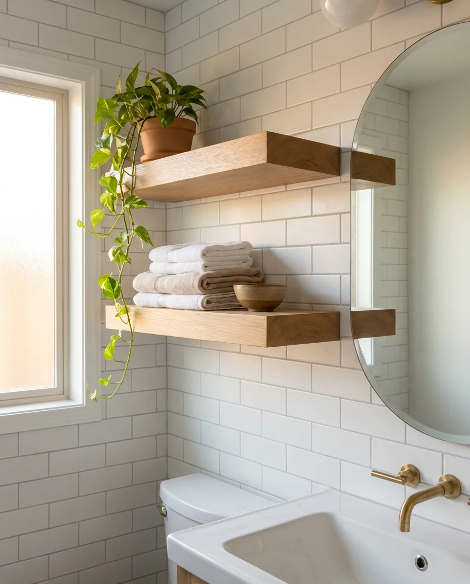 Warm Wood Floating Shelves for Open Storage 1