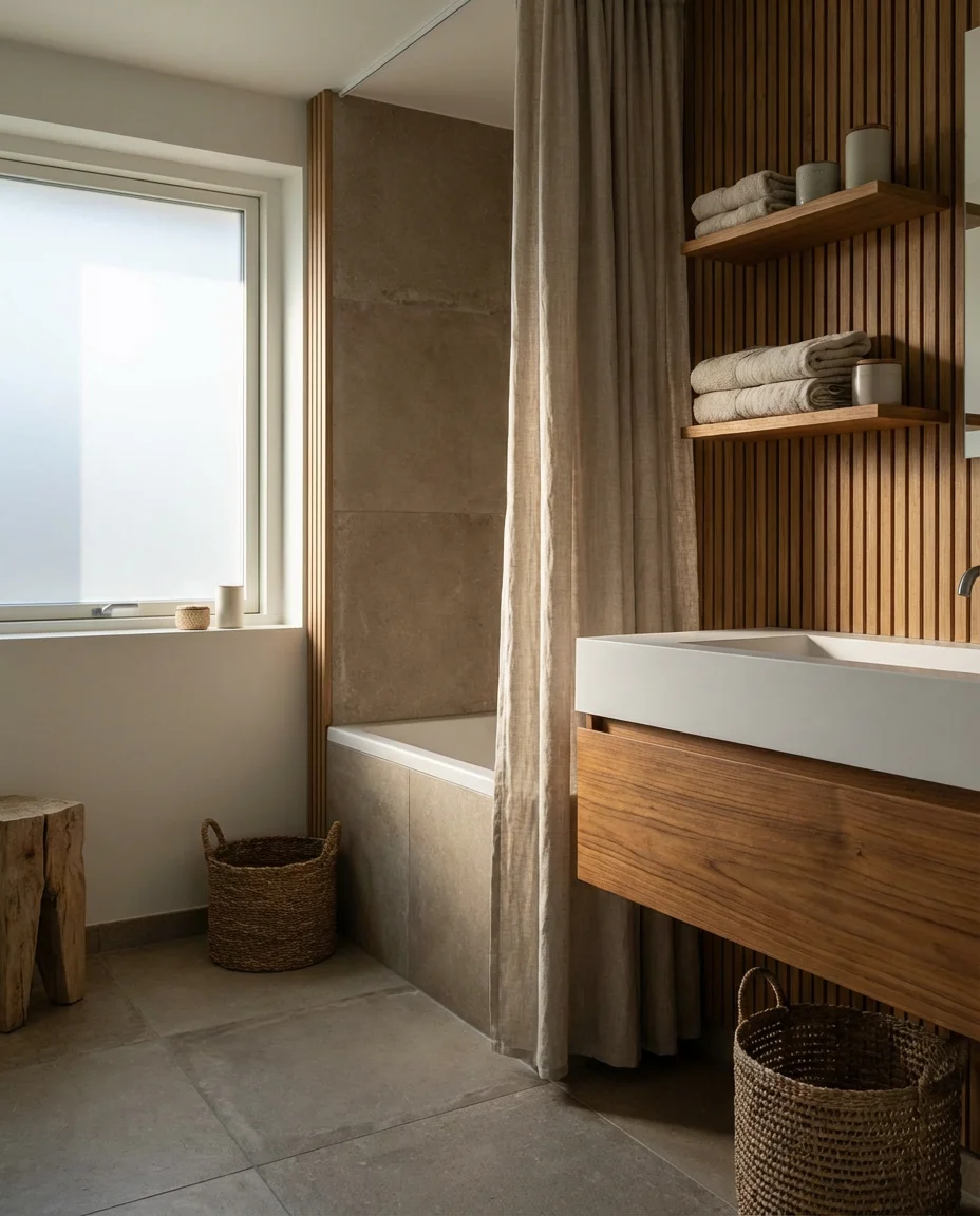 Warm Wooden Accents with Minimalist Fixtures 1