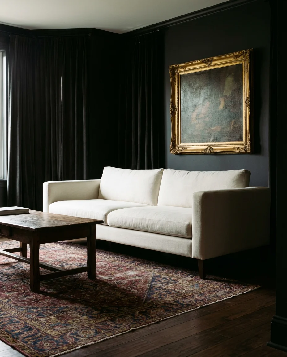 White Couch in a Dark Moody Setting 1