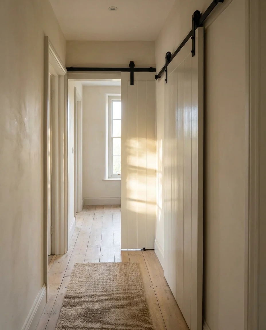 White Painted Barn Door for a Bright Hallway 1
