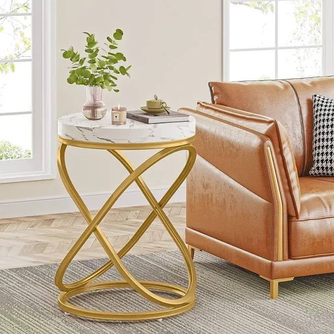 26 Inches White and Gold Faux Marble Round End Table