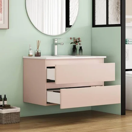 32-Inch Wall-Mounted Bathroom Vanity With Double Drawers Soft-Close System Ceram