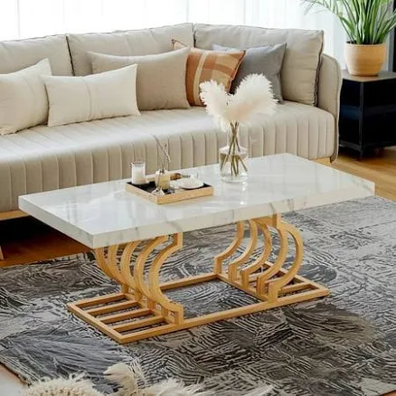 47 inch Rectangular Faux Marble Coffee Table, Modern Geometric Frame Cocktail Ta