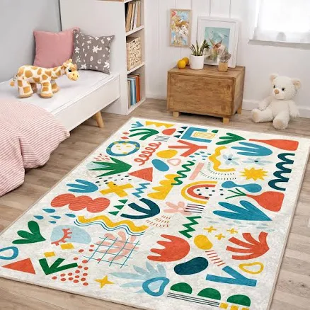 Abstract Shapes Kids Area Rug - Modern Geometric Nursery Carpet - Colorful Playr