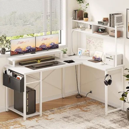 Aheaplus - Small Reversible L-Shaped Gaming Desk: LED Lights, Power Outlets, Mon