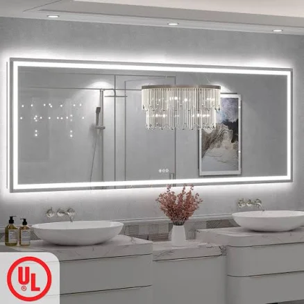 Apmir 84 in. W x 32 in. H Large Rectangular Frameless Double LED Lights Anti-Fog