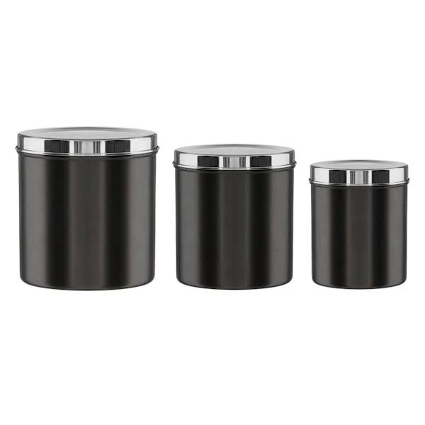 At Home Set of 3 Black Nickel Canister with Silver Lid