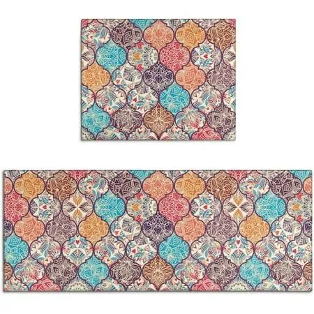 Boho Floral Kitchen Rugs Mat Set of 2