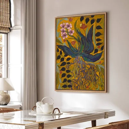 Bold Botanical Wall Art - Framed Expressionist Wildflower Print, Vibrant Yellow