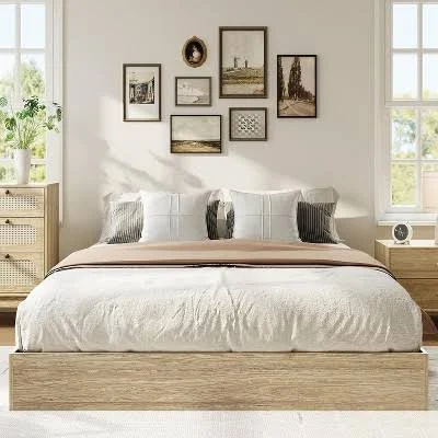 Burlywood Size Wood Platform Bed Frame Solid Wood Construction