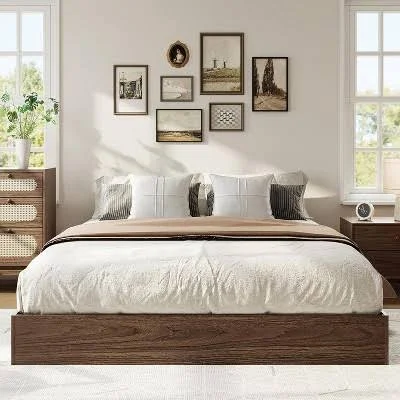 Burlywood Size Wood Platform Bed Frame Solid Wood Construction