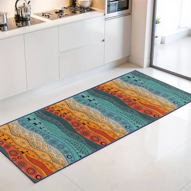 Colorful Geometric Pattern Rectangular Kitchen Runner Rug | Bohemian Style Floor