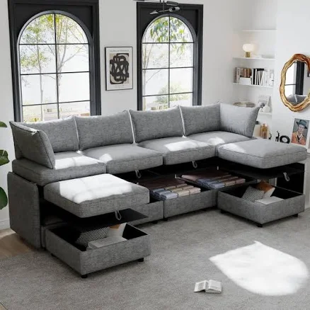 Convertible Modular 129 in 6 Piece Chenille Sectional Sofa