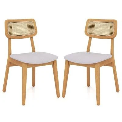 Costway Wooden Rattan Dining Chair Set of 2/4 with Can Back Rubber (2 Pcs)