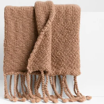 Crate & Barrel Chunky Wool Fringe Knit Throw Blanket
