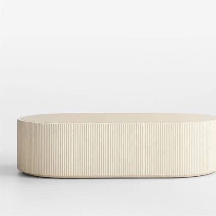 Crate & Barrel Kahn Cream Ribbed Concrete and Oak Wood Oval Coffee Table