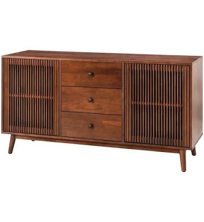 Cyril Mid-century Walnut 3 Drawer 58 in. Sideboard with Wooden Legs and Slatted 