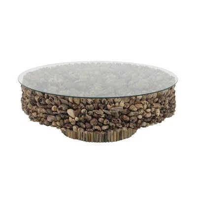 DecMode Natural Round Driftwood Glass Coffee Table