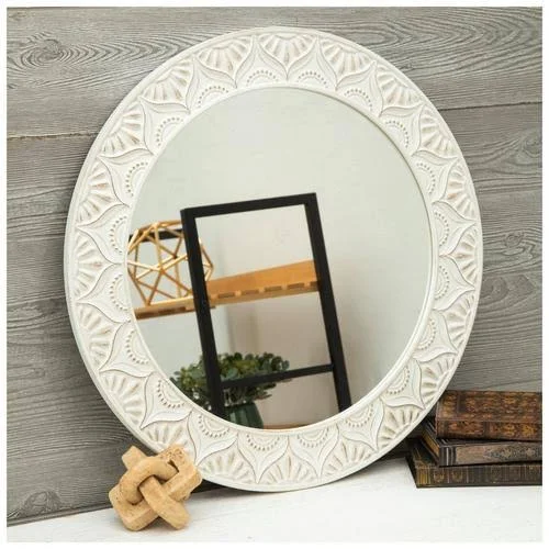 Distressed White Carved Wood Wall Mirror